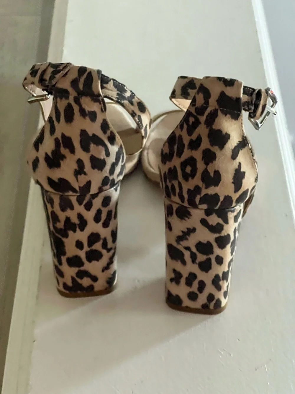 New York & Company Leopard Print Block Heel Ankle Strap Sandals - tan & black